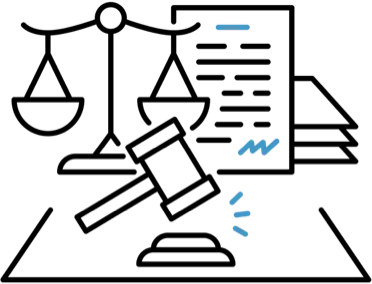 A picture of the scales of justice, a gavel and documents on a surface