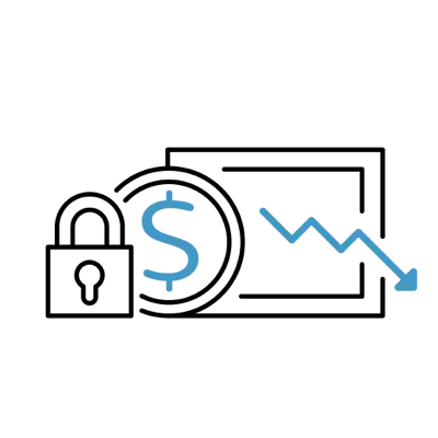 A picture of a lock, a dollar sign, and a graph with a downward zigzagging line.