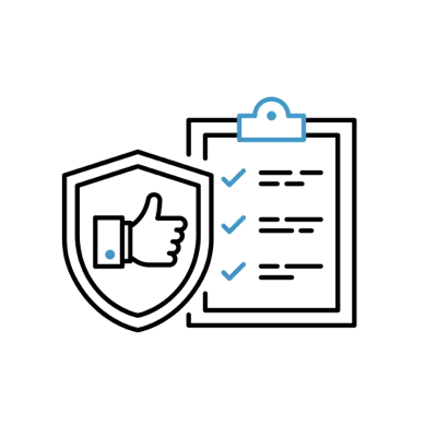 A checklist on a clipboard, next to a badge with a thumbs up.