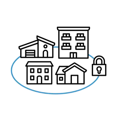 Image of four houses with a circle around them and a lock on the side of the circle.