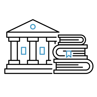 An image of the front steps of a court building with pillars and three stacks of books. The middle book has a ribbon.